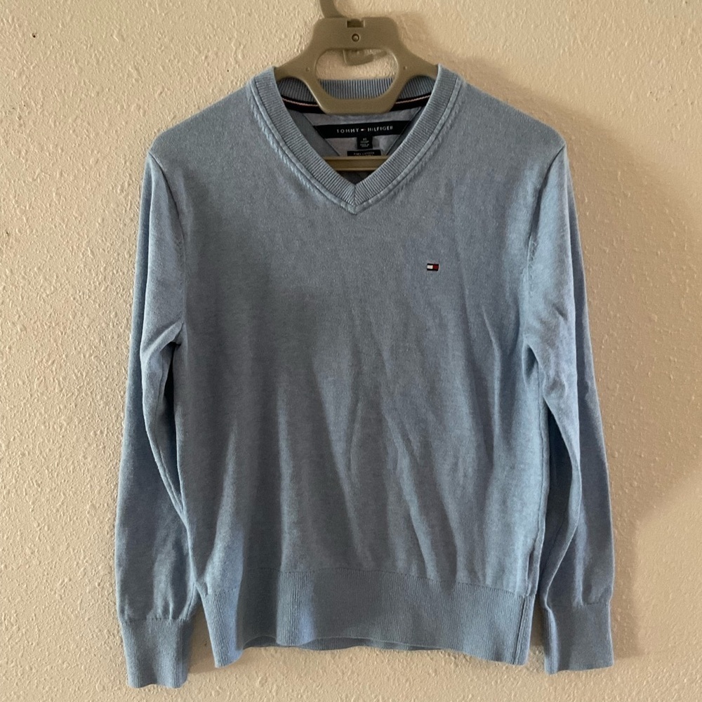 Tommy Hilfiger Pima Cotton Sweater Blue V-Neck Cozy Knit Logo Top Men’s X-Small